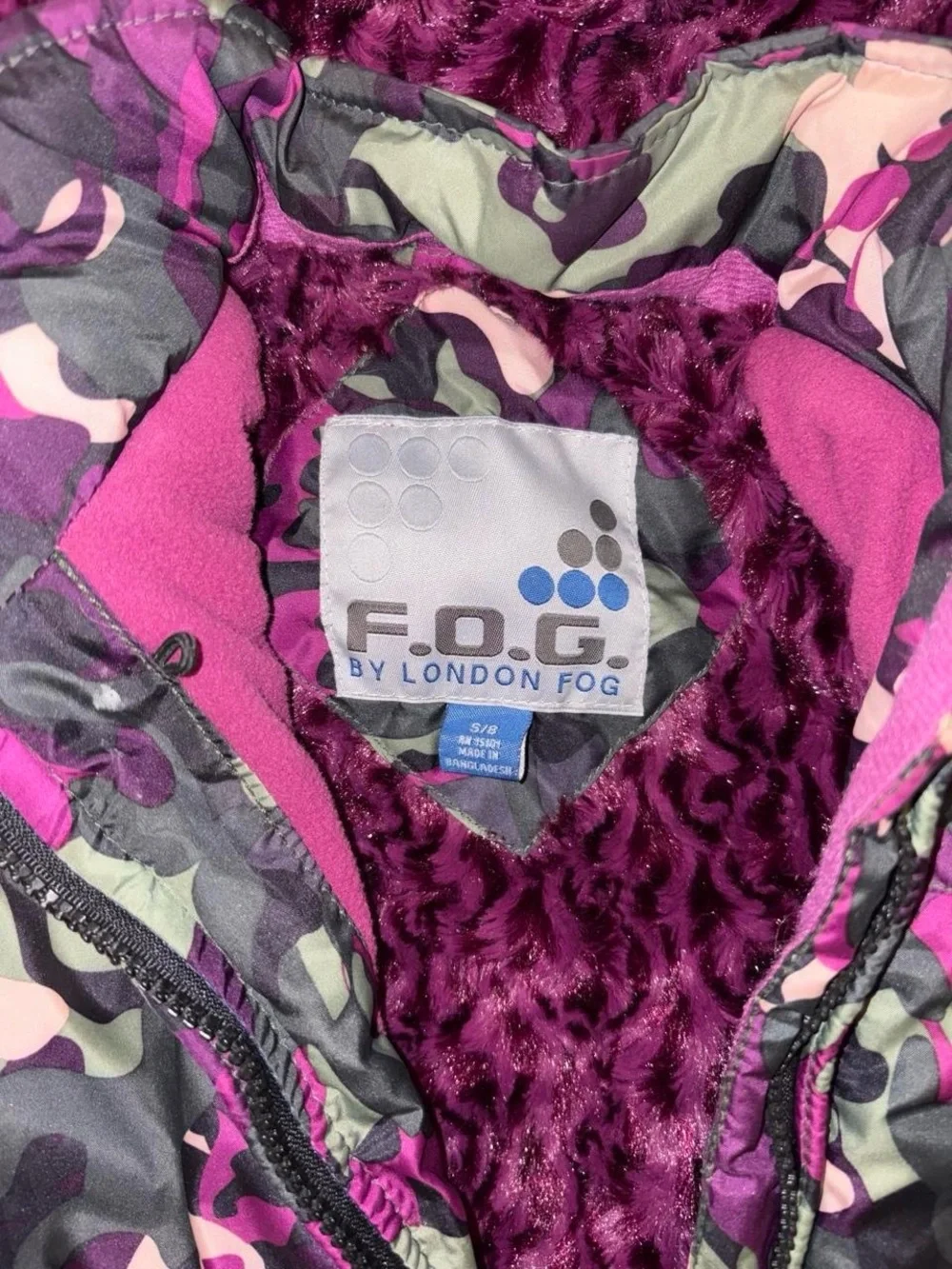 Y2K Purple and green camo coat with faux fur hood